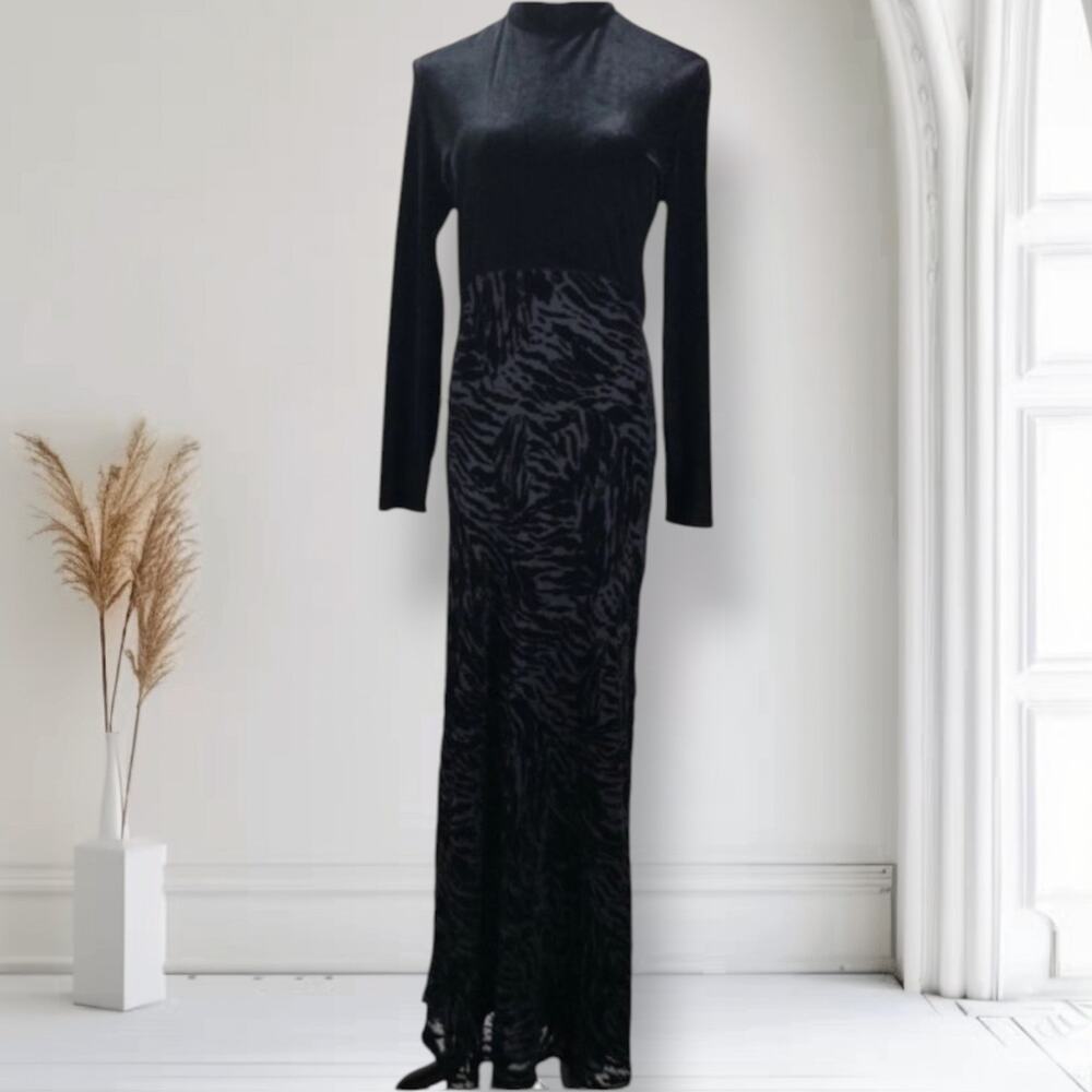 Vintage 90s Kelly Graham Black Velvet Burnout Maxi Dress Animal Print Size 8
